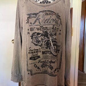 Graphic Long Sleeve Top with Motorcycle Print